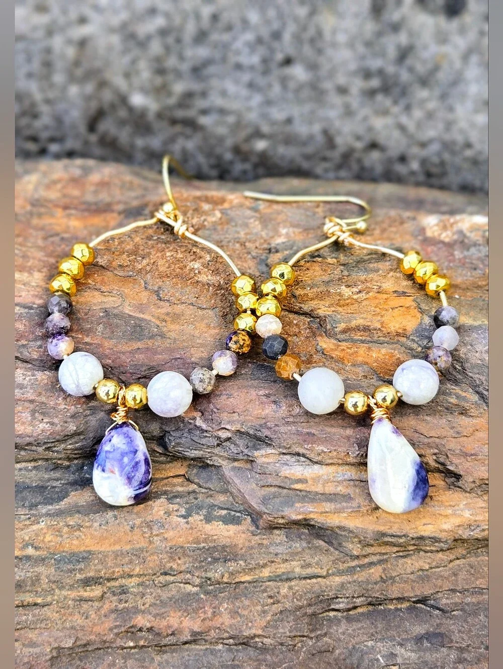 Genuine Purple & White Tiffany Opal In Hammered Gold Plated Artisan Earrings